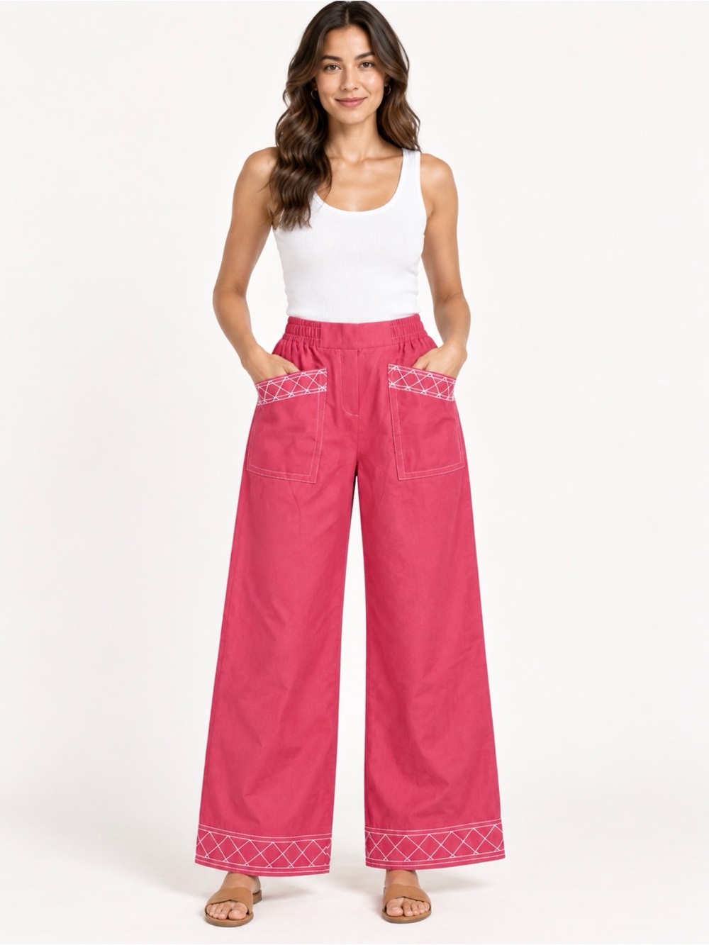 Umgee Pink Cropped Pants with Contrast White Stitching